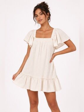 Lulus Cream Flutter Sleeve Mini Dress M Romantic Cottagecore Cotton